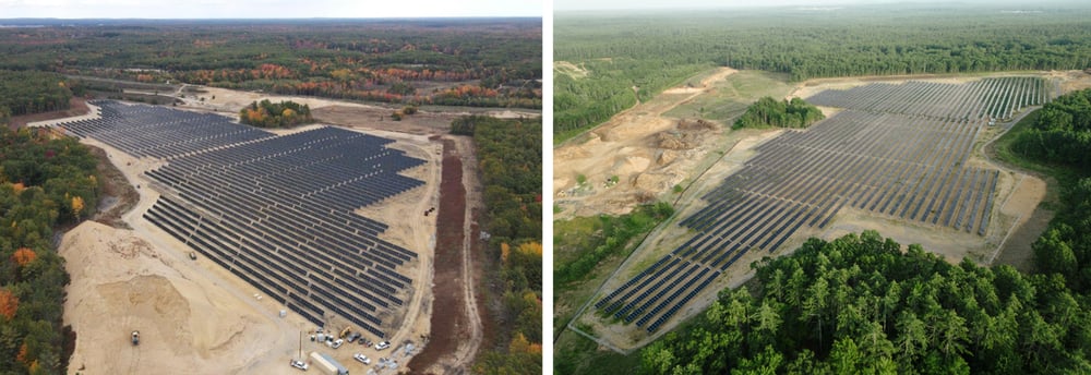 Two aerial images of the Quarry solar farm in Maine surrounded by forests. The left image shows the solar farm with rows of panels installed on a cleared piece of land, with some construction vehicles and equipment visible. The right image shows another view of the solar farm after completion.