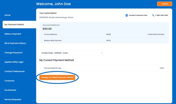 Click on the 'Change my Default Payment Method' button to open a form where you can add a payment method to your Nautilus Solar account.