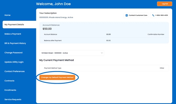 Click on the 'Change my Default Payment Method' button to open a form where you can add a payment method to your Nautilus Solar account.