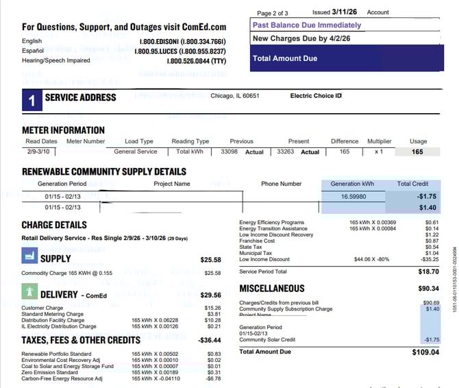 ComEd bill showing standard electric charges along with a community solar subscription credit that lowers the customer’s bill.