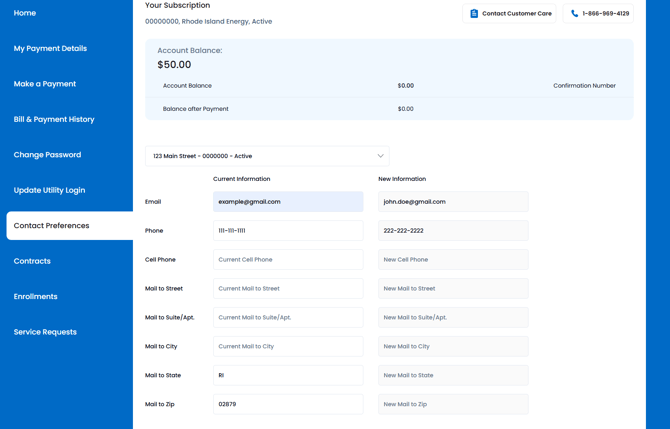 In the Nautilus customer portal contact preferences page, you can update your email, phone number, and mailing address.