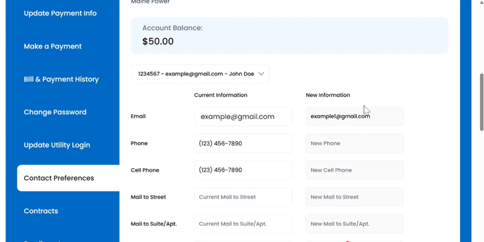 Photo of the Nautilus customer portal contact preferences page. You can add new contact information here.