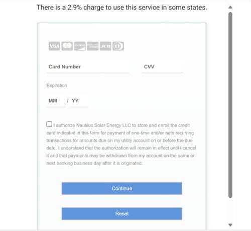 Image of the update payment method form in the Nautilus Solar customer portal