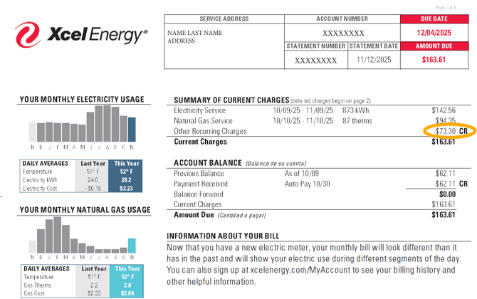 Example of the Summary of Charges section of an Xcel Energy utility bill.