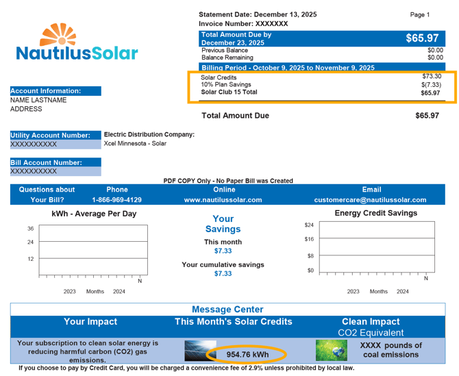 Example of a Nautilus statement for Xcel Energy in Minnesota with the dual billing. 