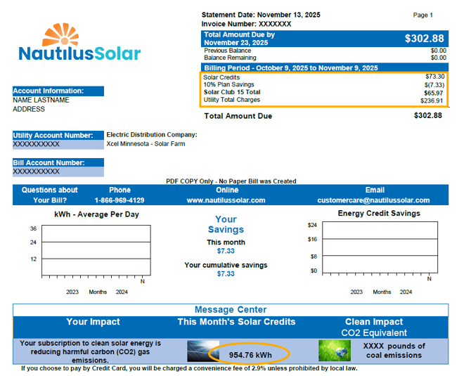 Example of a Nautilus statement for Xcel Energy in Minnesota with the one-bill option. 