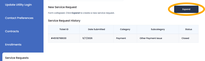 In the service request tab, click 'Expand' to open the form to create a new service request.