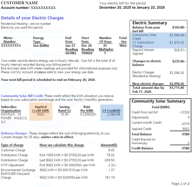 PEPCO Community Solar Bill Sample