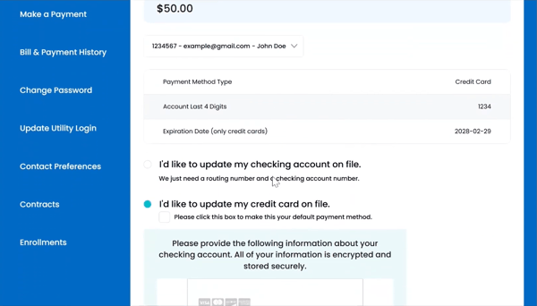 In the Update Payment Info tab, you can add a new checking account or credit/debit card.