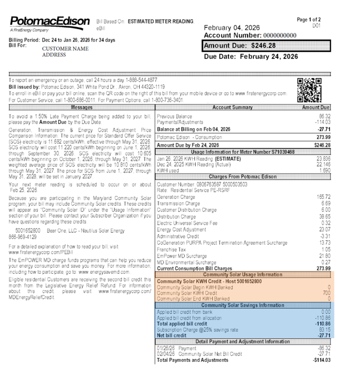 Example of a Potomac Edison electricity bill, including Nautilus community solar savings. In this example, 700 kWhs of energy were generated by Nautilus Solar and this customer received $27.71 in monthly energy savings.