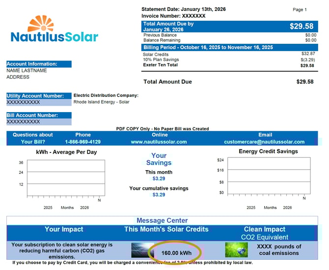 Example of a Nautilus Solar statement for Rhode Island Energy customers in Rhode Island.