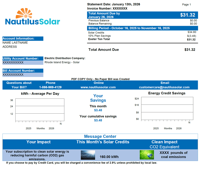 Example of a Nautilus Solar statement for Rhode Island Energy customers in Rhode Island.