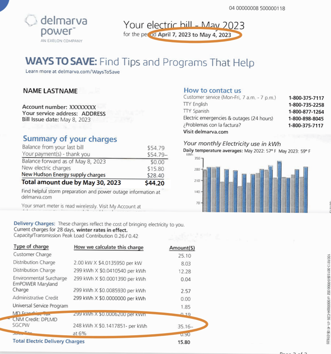 An example of delivery charges and the summary of charges on a Delmarva Power bill.