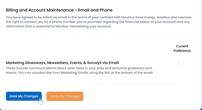 At the bottom of the Contact Preferences page, there is the option to opt-in or out of marketing emails. Two buttons at the bottom: “Save My Changes” and “Undo My Changes.”