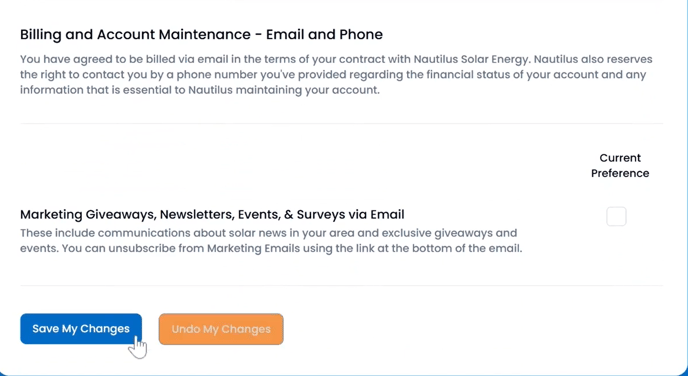Screenshot of the 'save my changes' button in the Nautilus customer portal. You have to save changes after adding new contact preferences