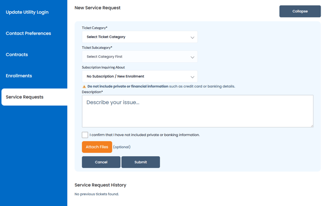 Service Tab - Submitting a New Request
