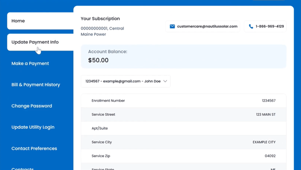 Navigate to the menu on the left side of the customer portal and click 'Update Payment Info' for options to update your payment method.