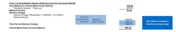 The delivery charges section on a CMP utility bill.