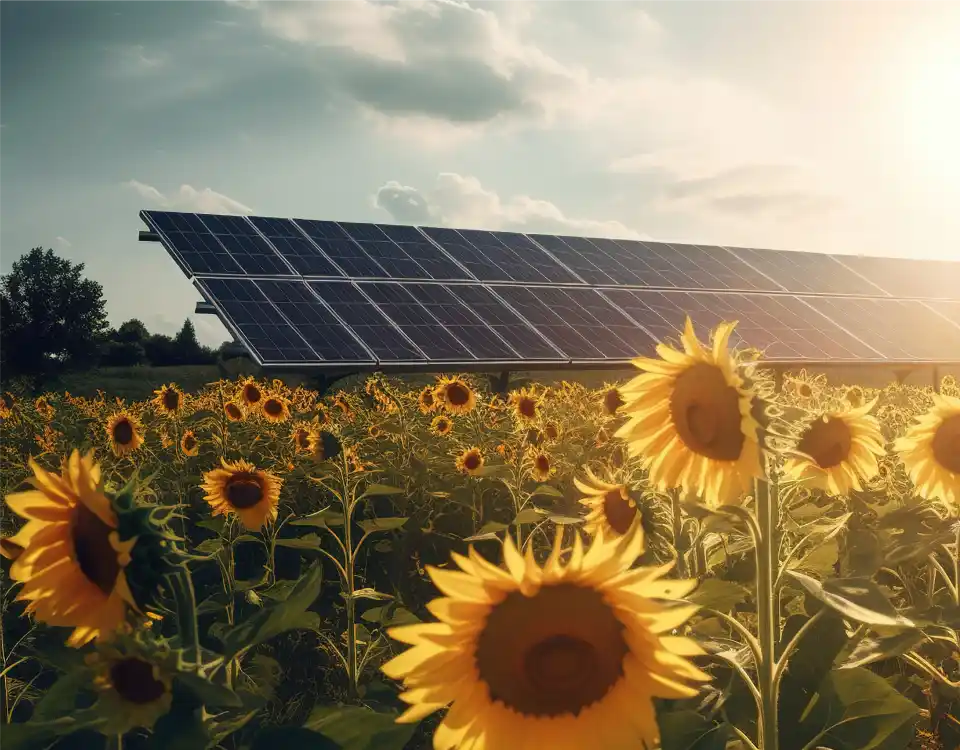Rows of bright yellow sunflowers in front of large solar panels under a sunny sky.